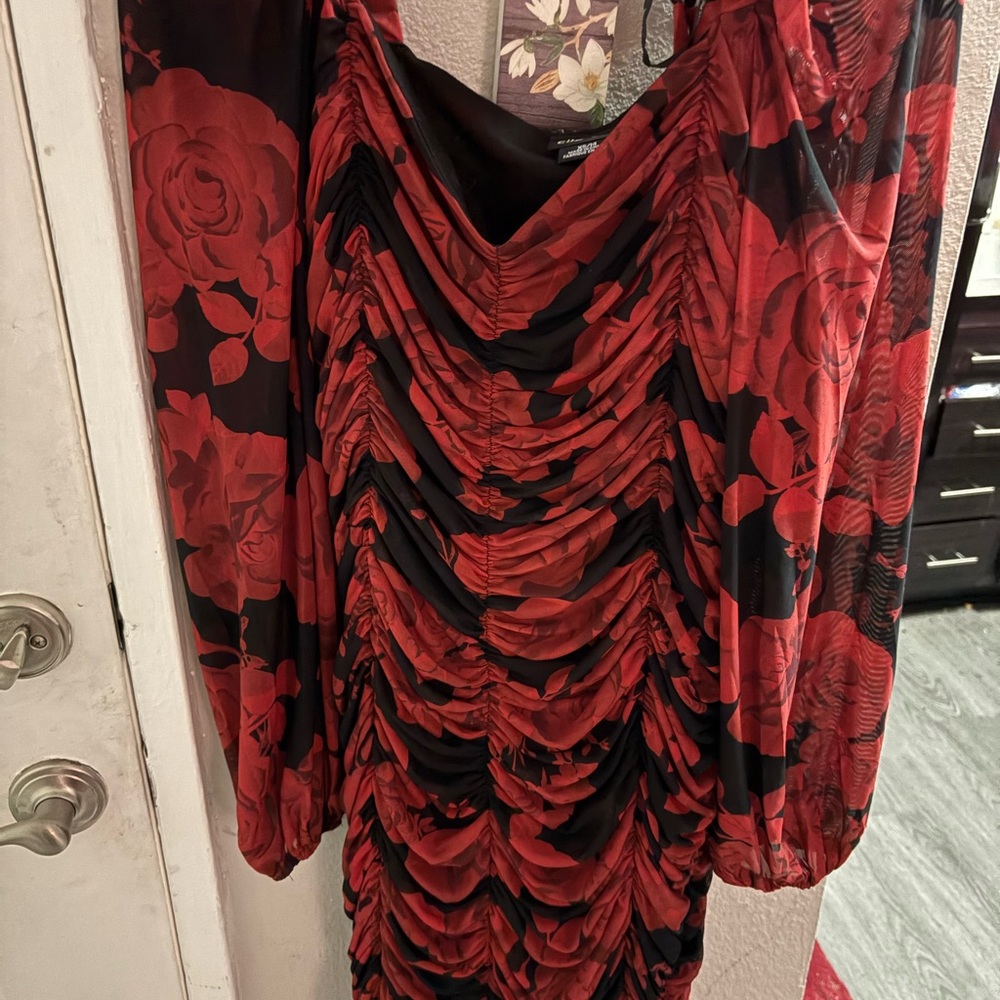 City Chic Red and Black Ruched Floral Dress